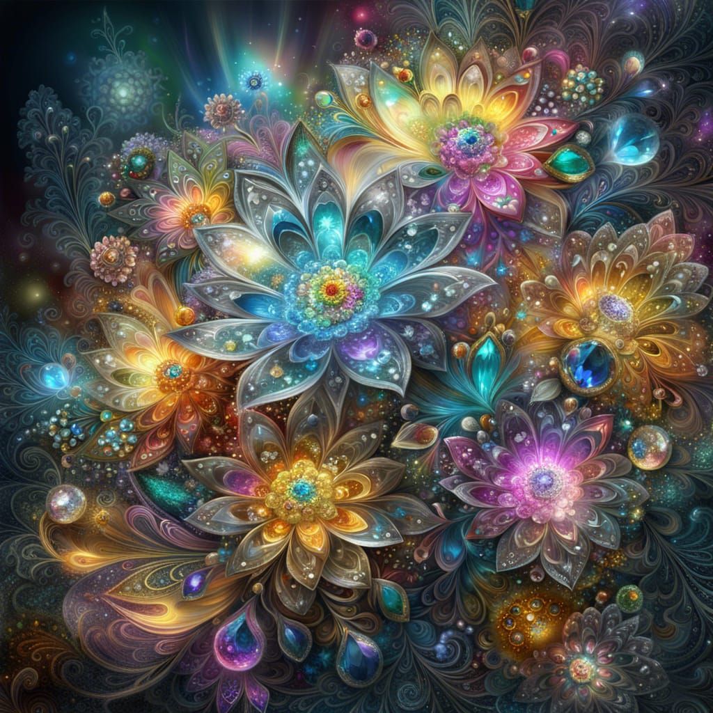 Sparkly Fractal Flower Bouquet in Digital Oil Painting