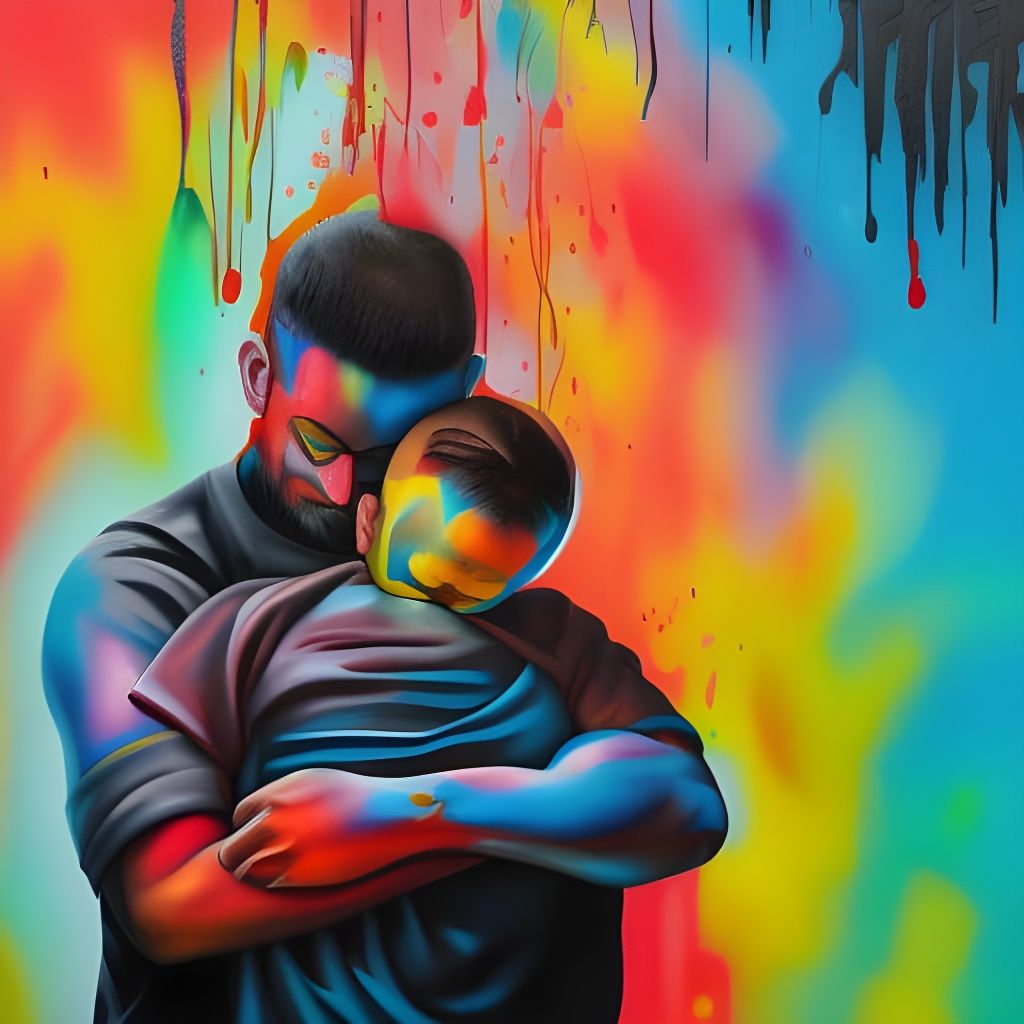 Father and Son Embrace in Graffiti Art Style