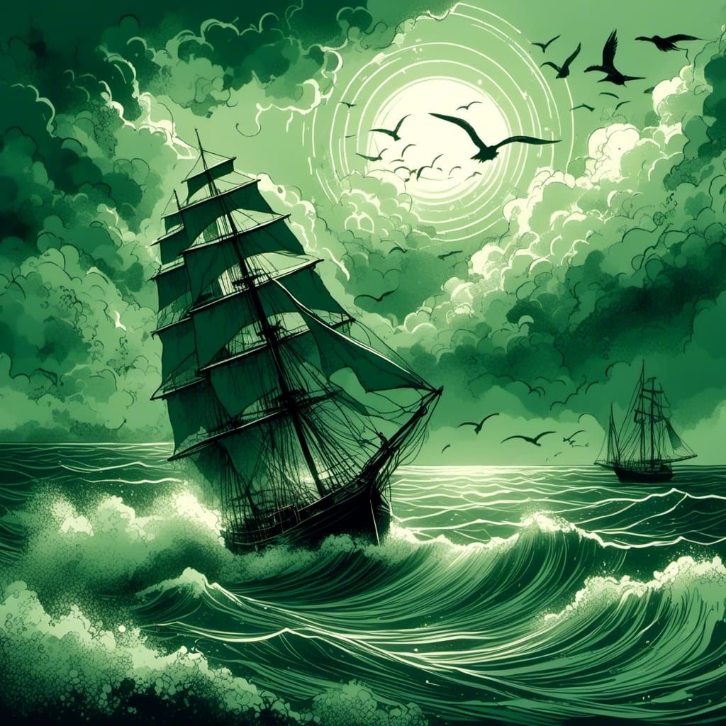 Abandoned Sailboat Digital Ink Drawing on Choppy Sea