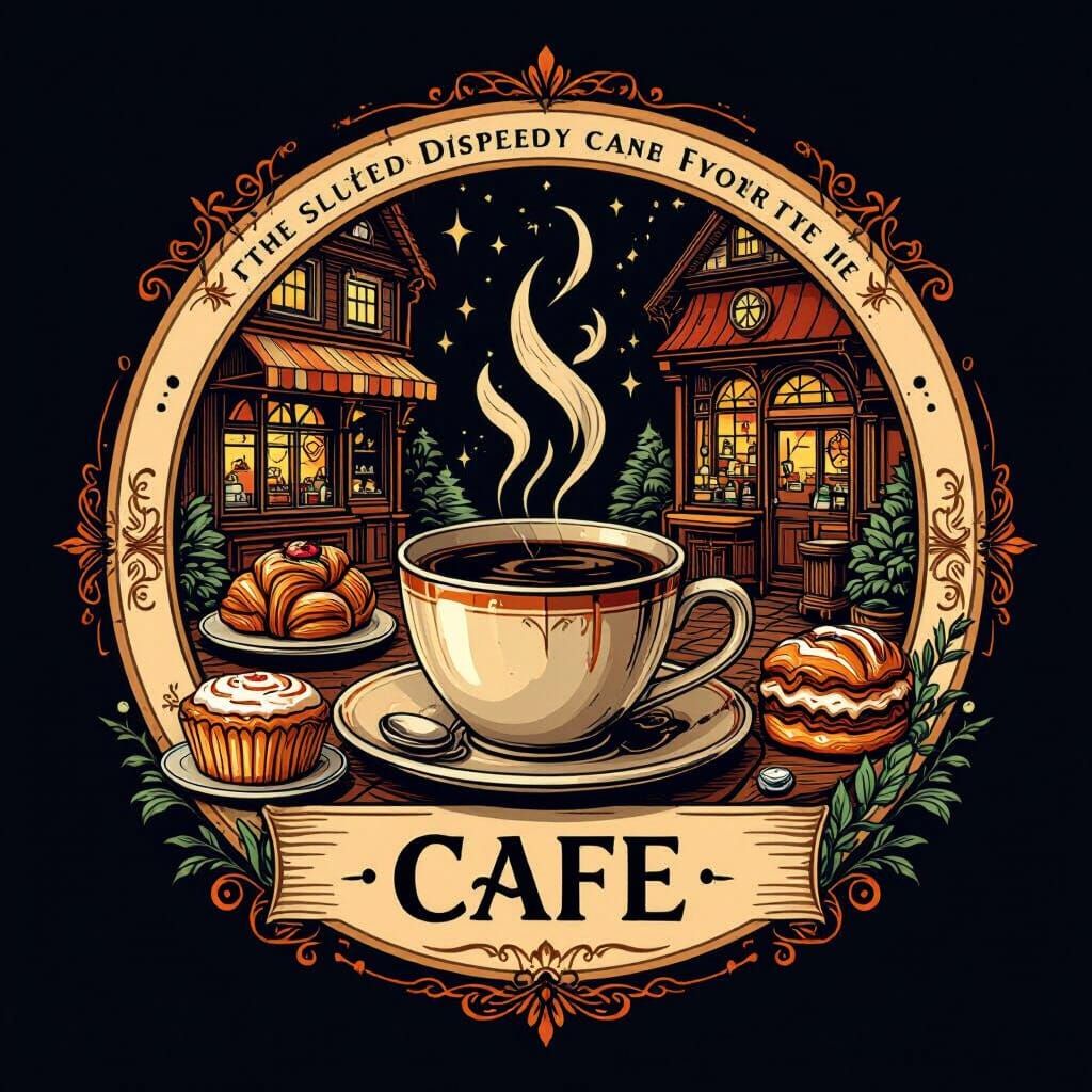 Cozy Cafe Logo with Intricate Fantasy Art Style