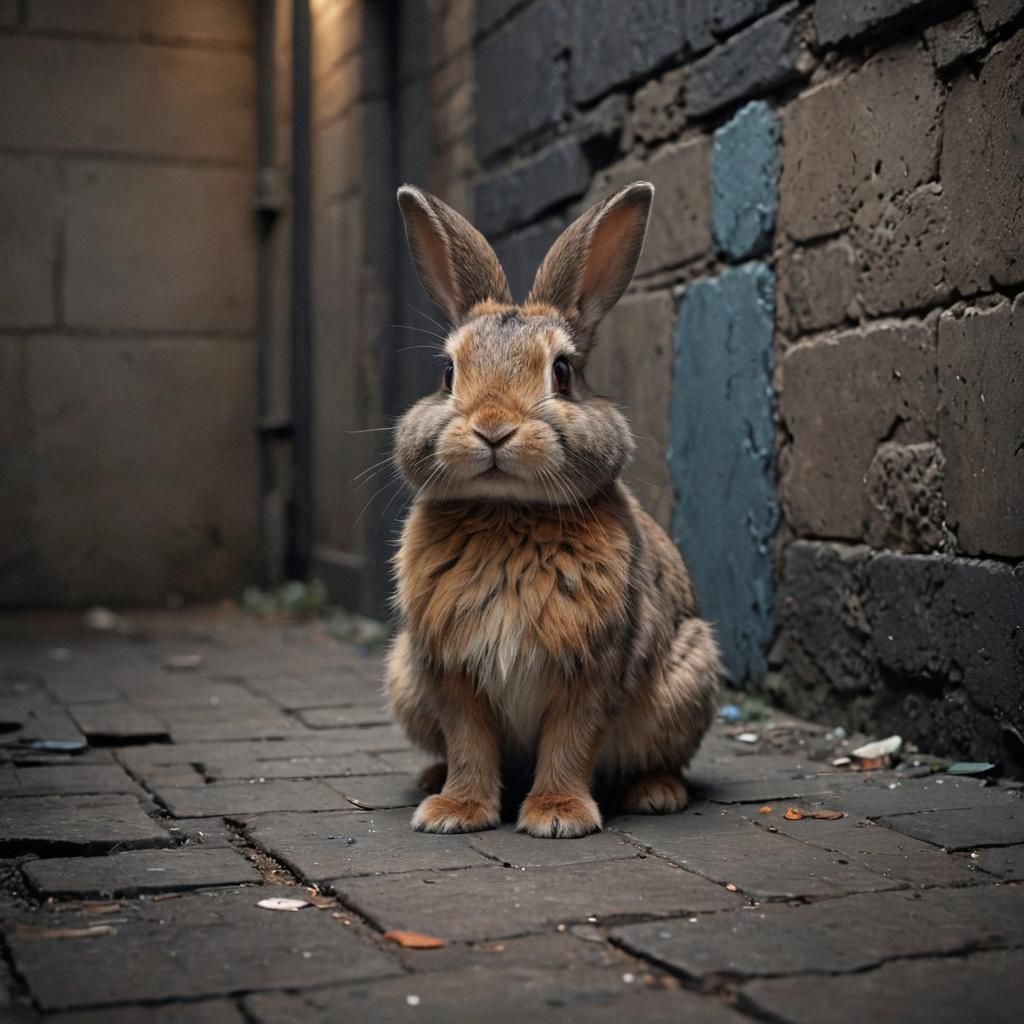 Menacing Rabbit in Grimy Alley: Hyper-Realistic Concept Art