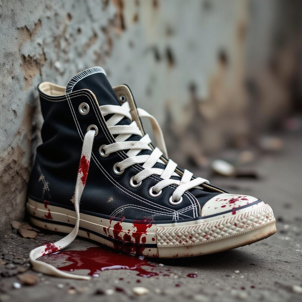 Disturbing Image of Bloodstained Sneakers in Dark Style