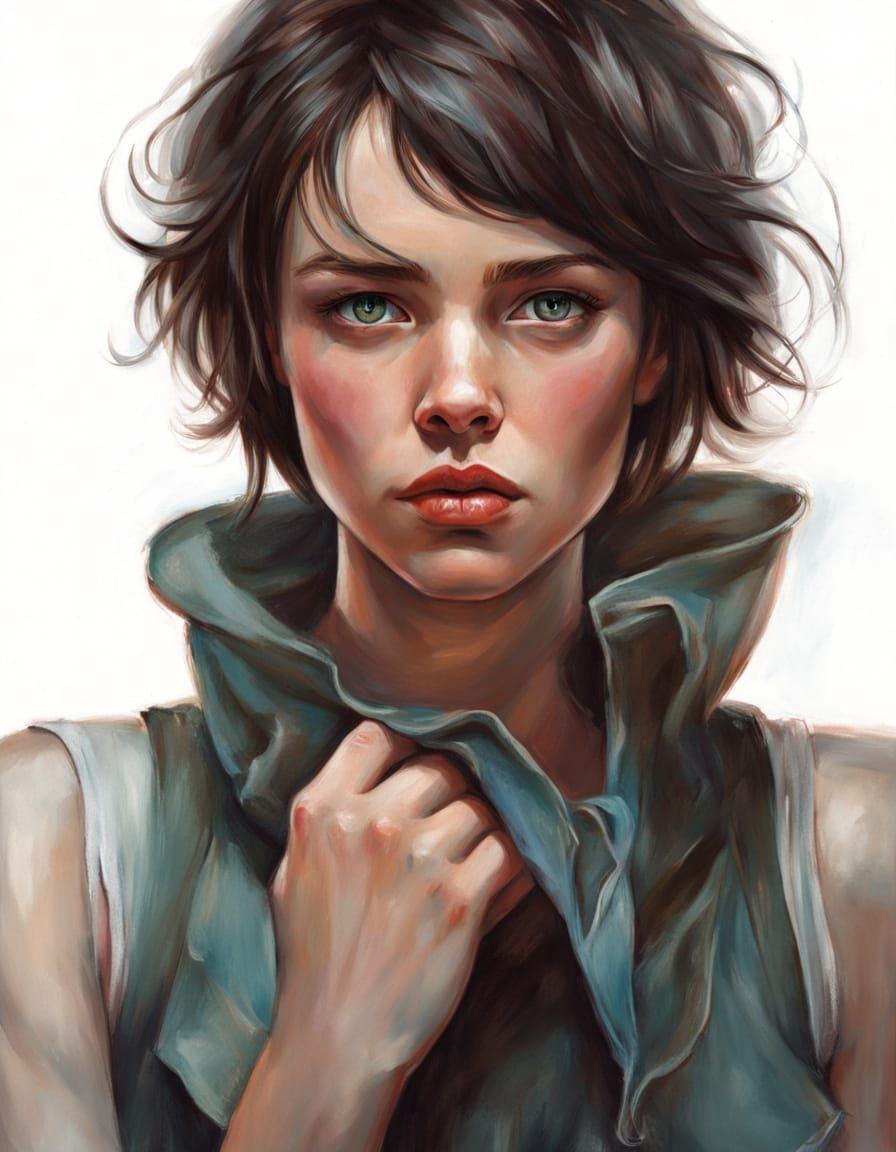 Emotional Portrait of a Blushing Young Woman in Oil Painting...