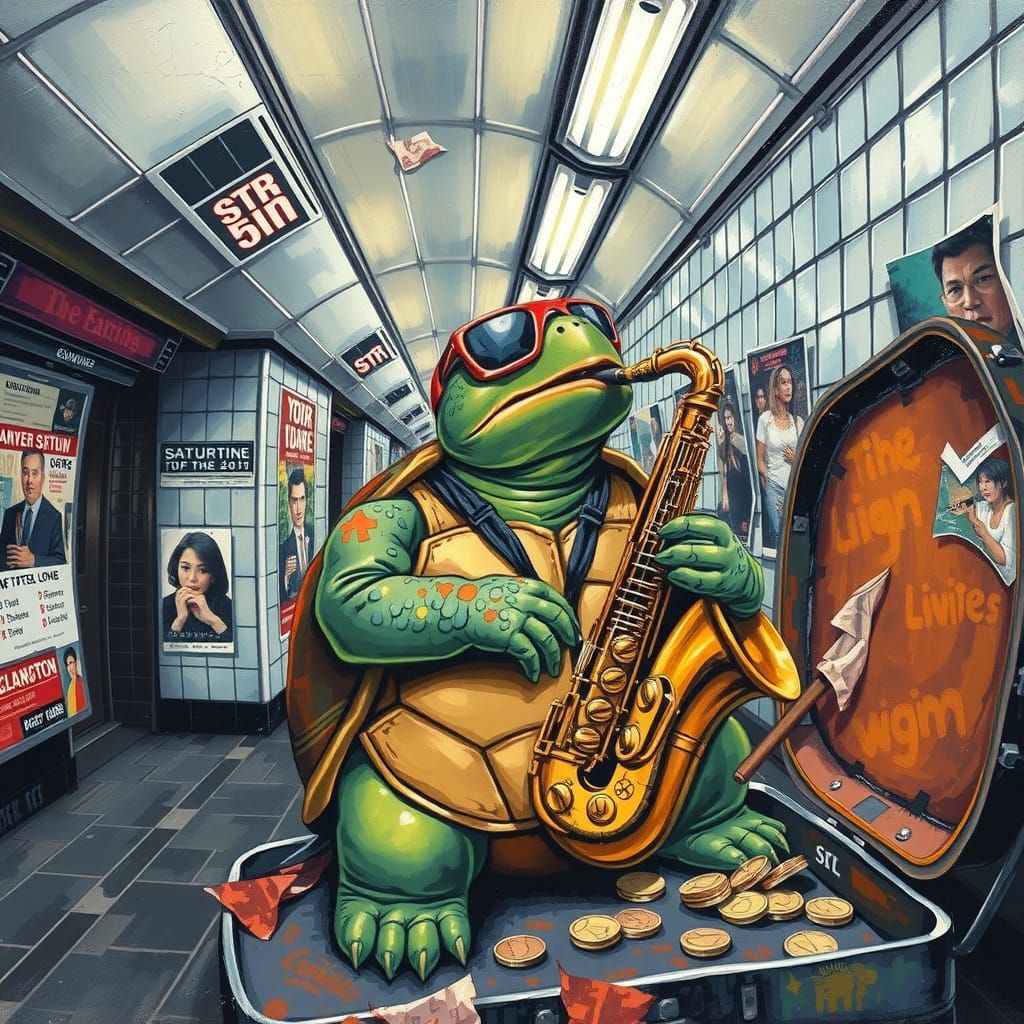 Turtle Saxophonist Performs Jazz in Subway, Impasto Painting