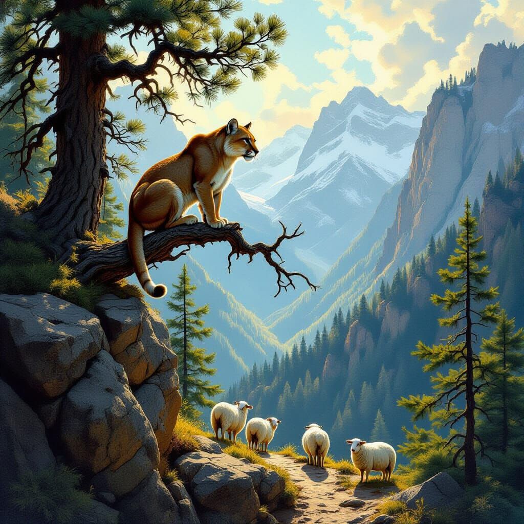 Mountain Lion Stalks Sheep in Pine Forest Landscape