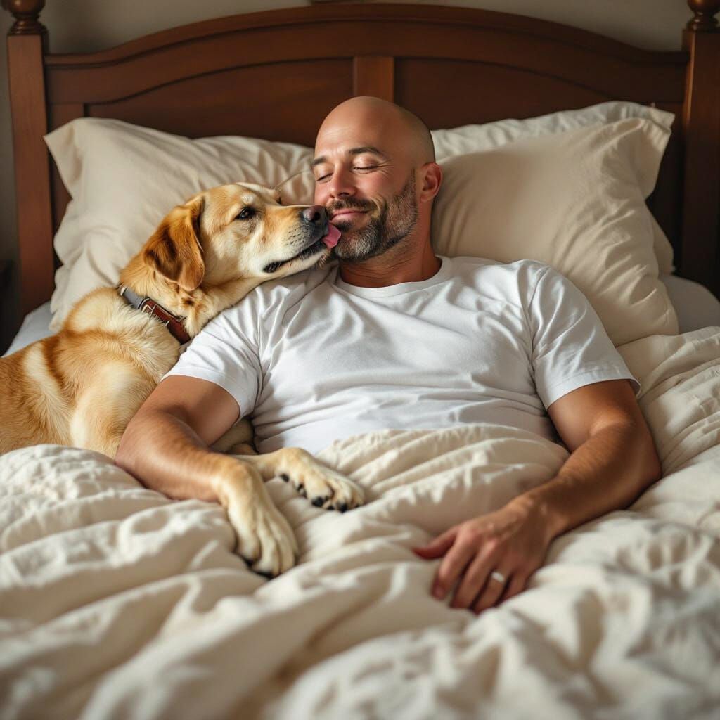 Man and Dog in Bed, Rockwell Style