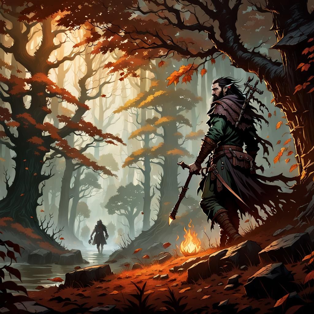 Wood Elf Druid in Misty Autumn Forest