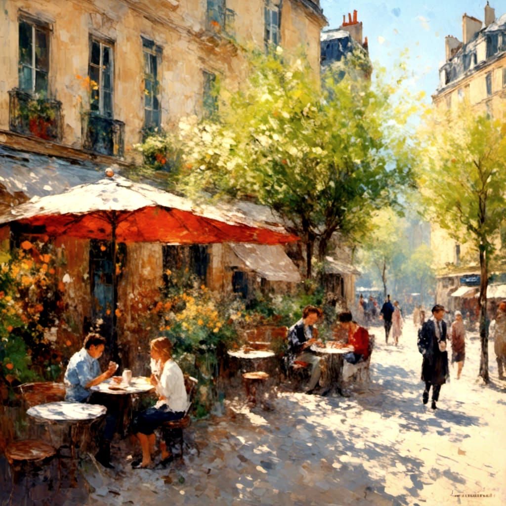 Paris Cafe Scene in Impressionistic Style