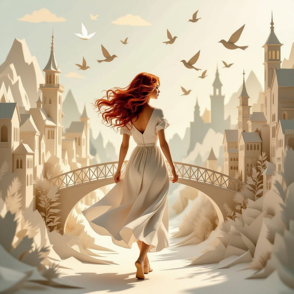 Woman Explores Paper Cityscape with Origami Buildings