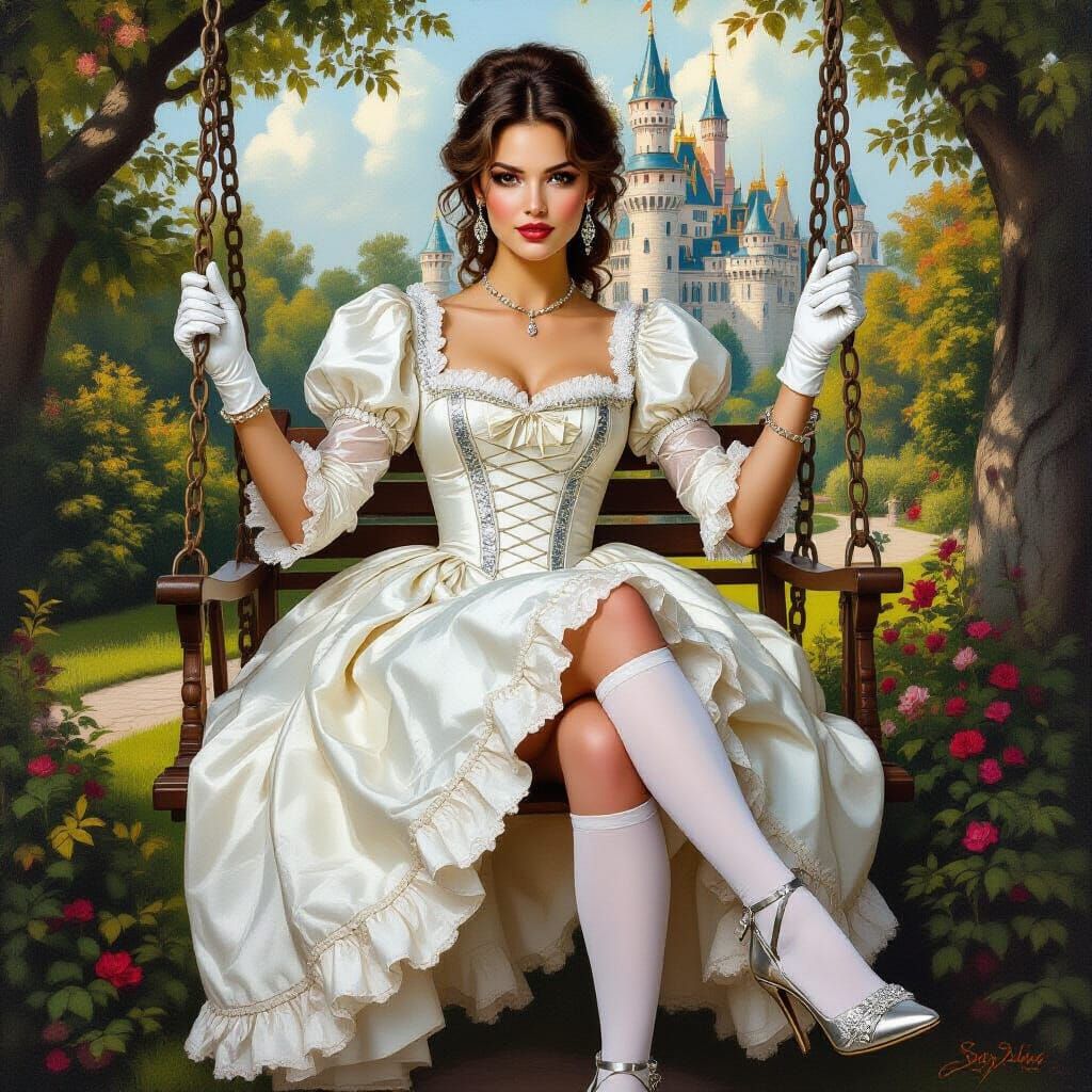 Woman on Garden Swing in Realistic 18th Century Style