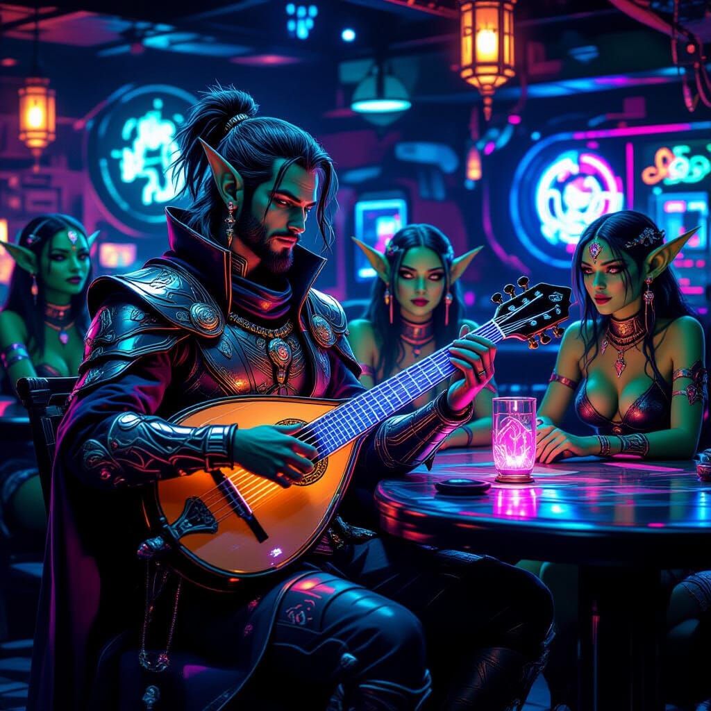Futuristic Bard Charms Goblins in Cyberpunk Tavern