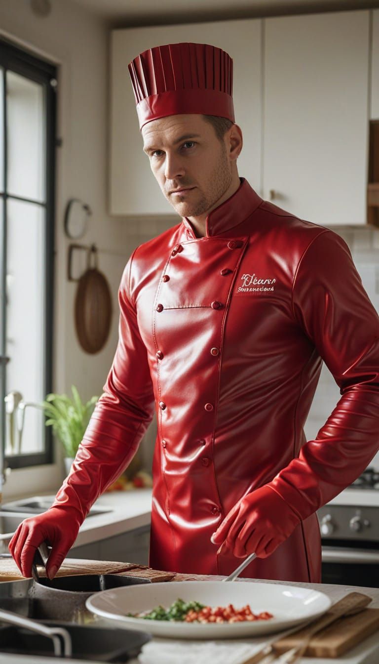 Red Latex Chef in a Sunlit Kitchen