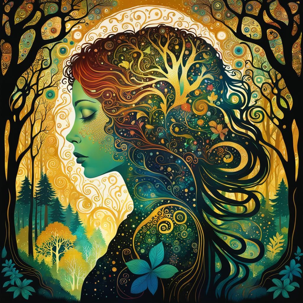 Psychedelic Auburn Woman in Klimt Golden Forest