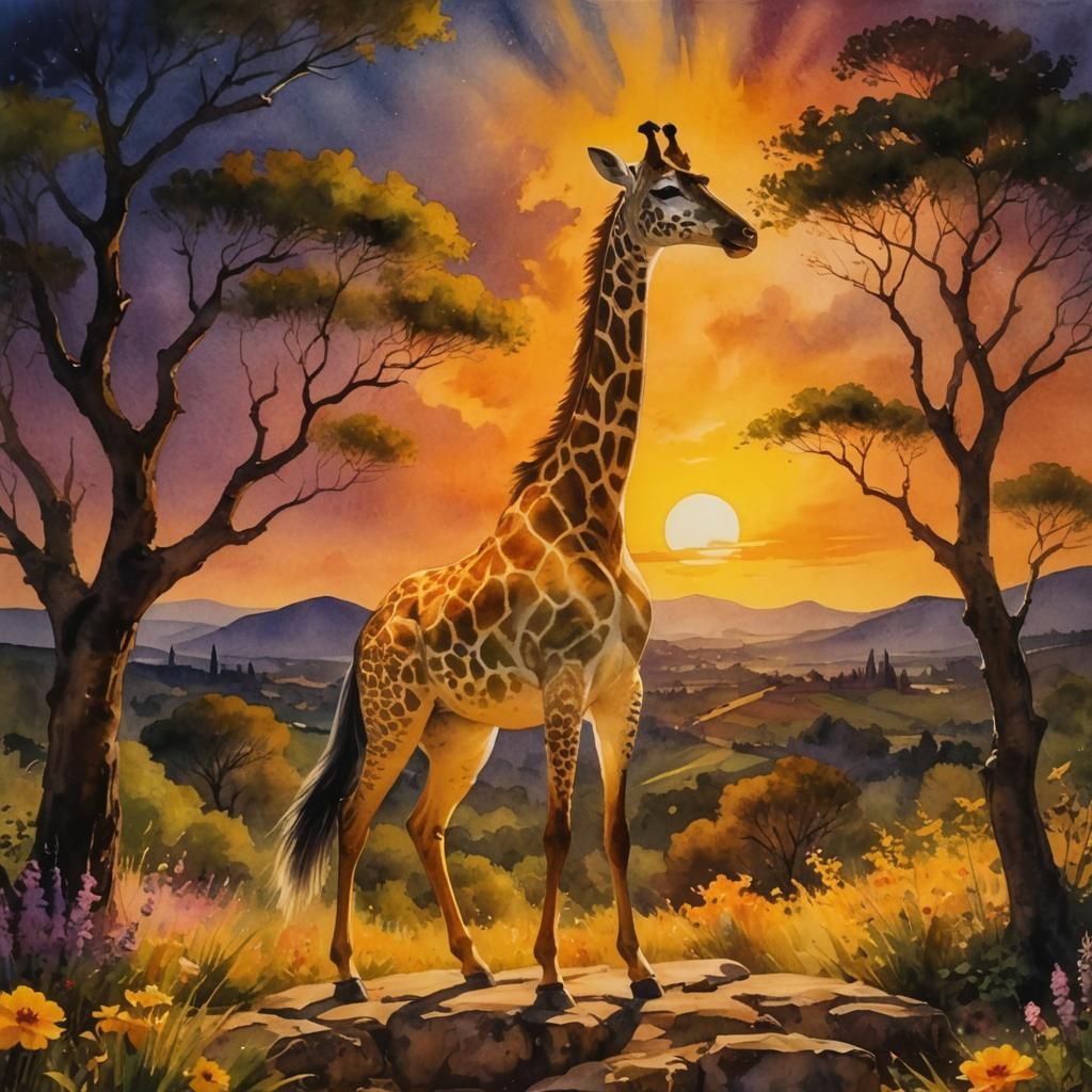 Giraffe in Gouache Style Watercolor Painting