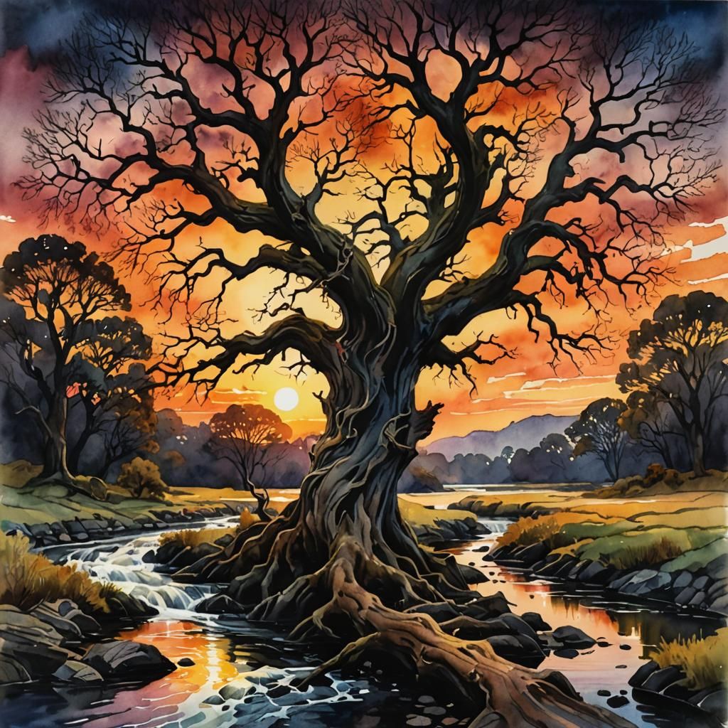 Watercolor Sunset River with Psychedelic Avatar Image