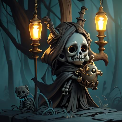 Tiny Skeleton Walks Dark Forest, Fantasy Art