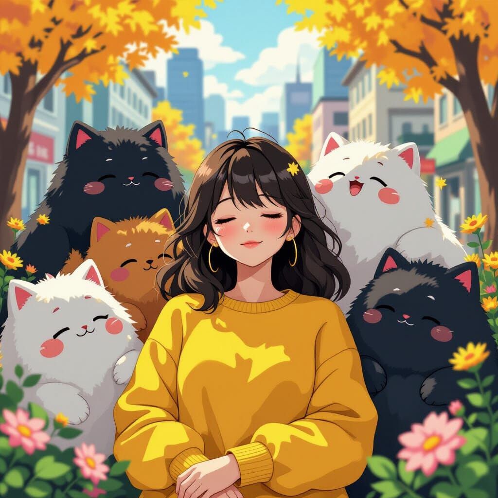 Anime Girl Surrounded by Cute Creatures in Cityscape