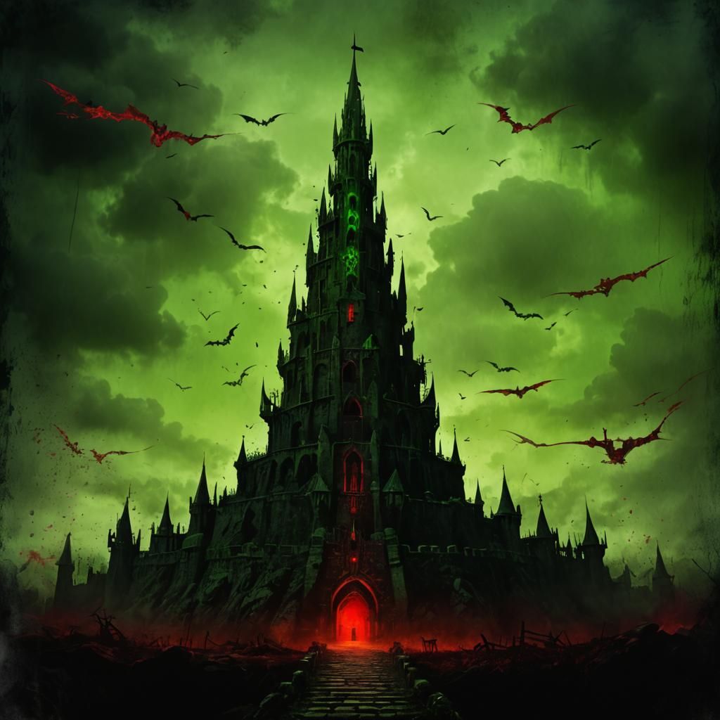 Ominous Fortress Tower with Occult Runes, Digital Painting