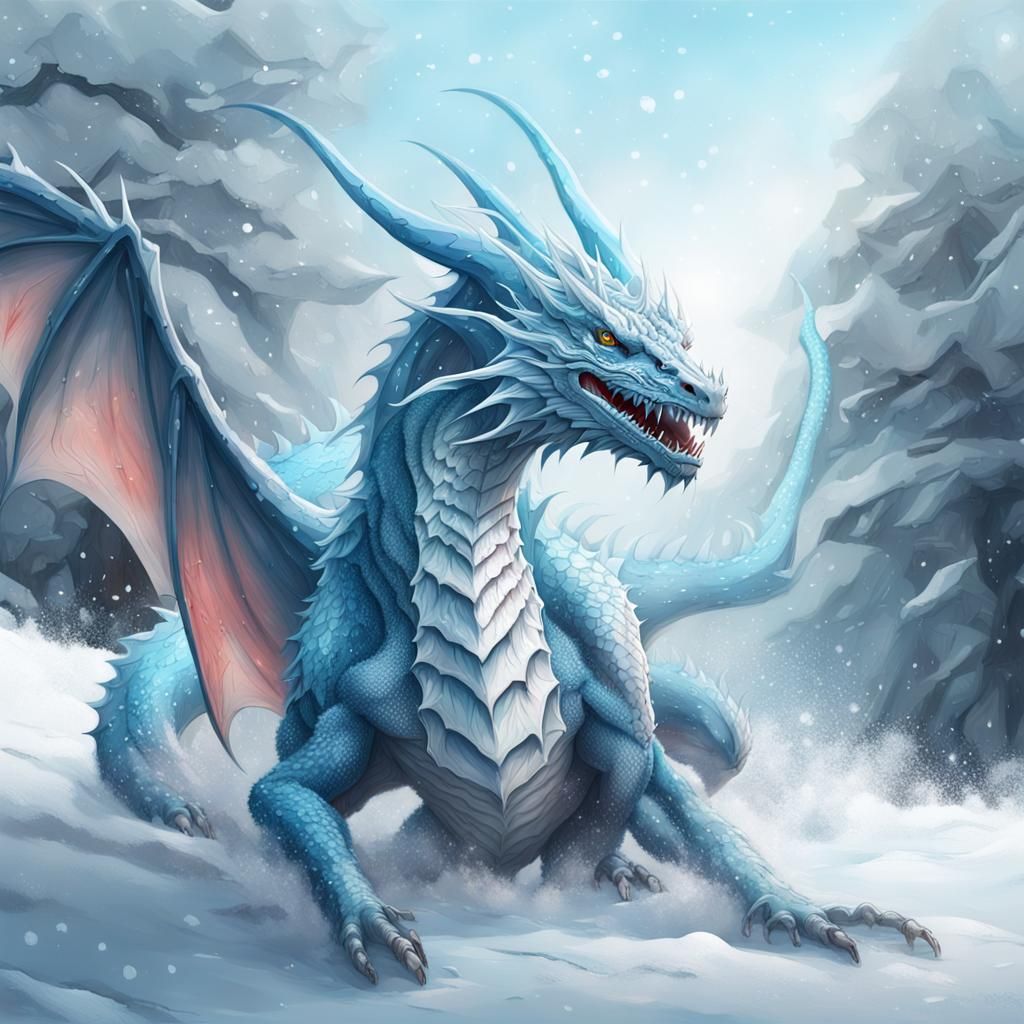 Hyperrealistic Blue Dragon in Winter Landscape
