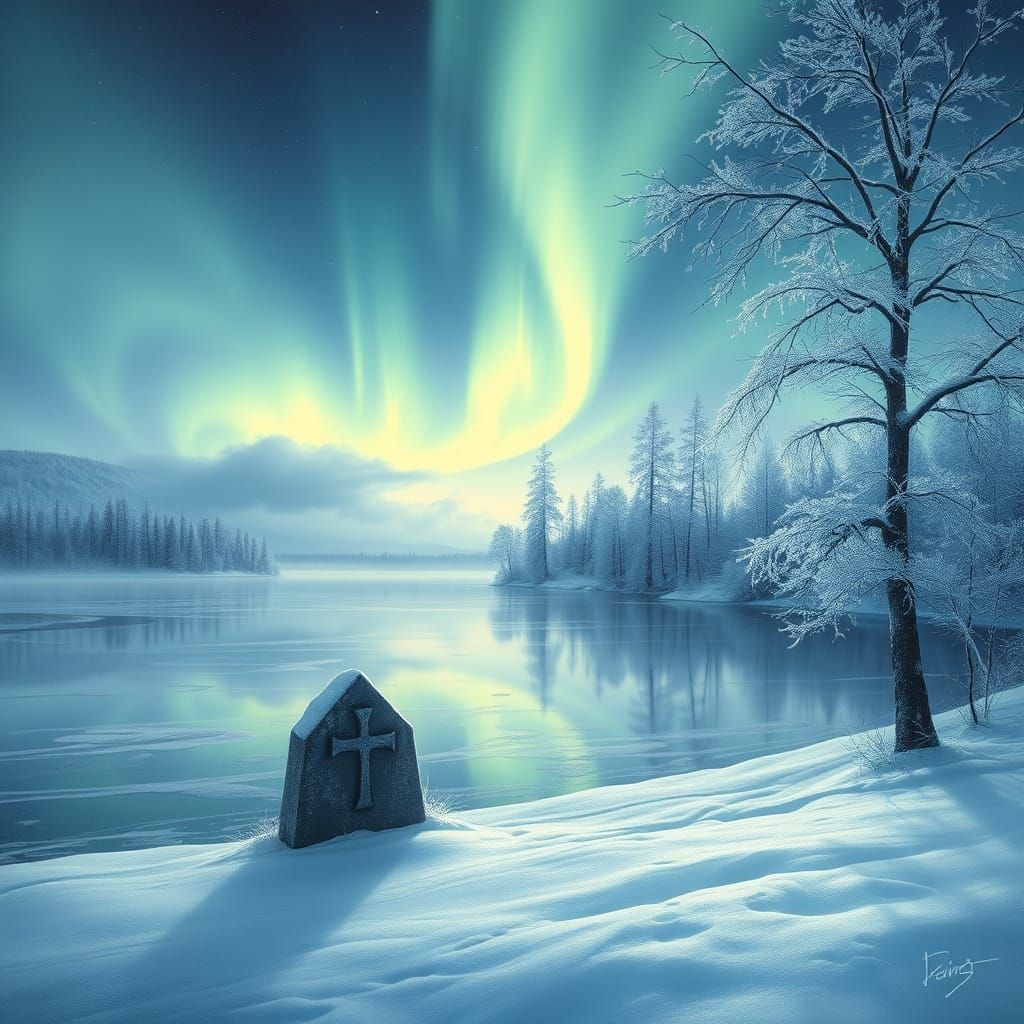 Ethereal Winter Lake Aurora Borealis in Romantic Painting St...