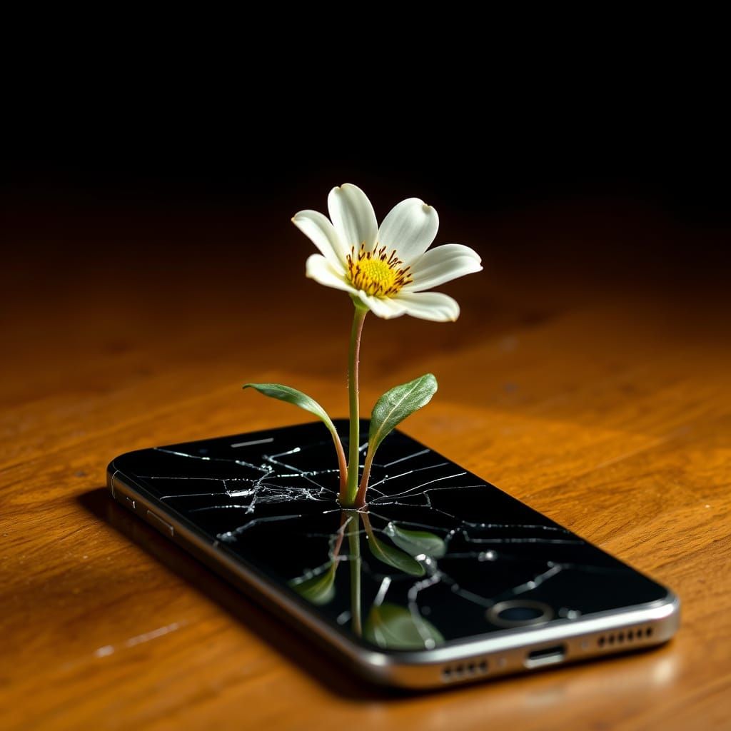 Flower Blooms From Cracked Phone Screen