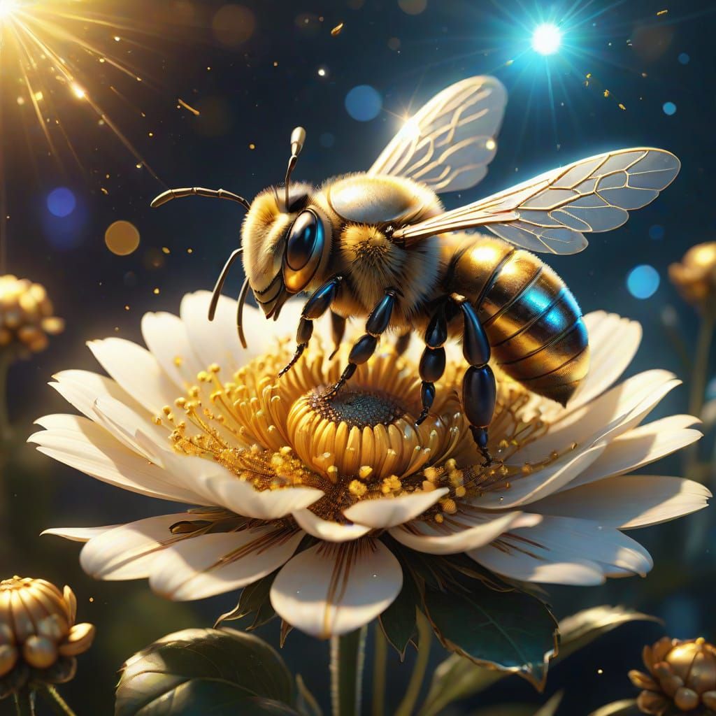 Golden Metal Bee on Flower with Sparkles