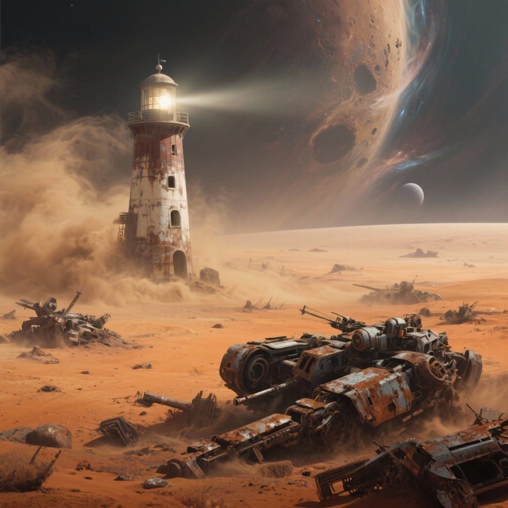 Alien Lighthouse Amidst Cosmic Storm and Ancient Battlefield