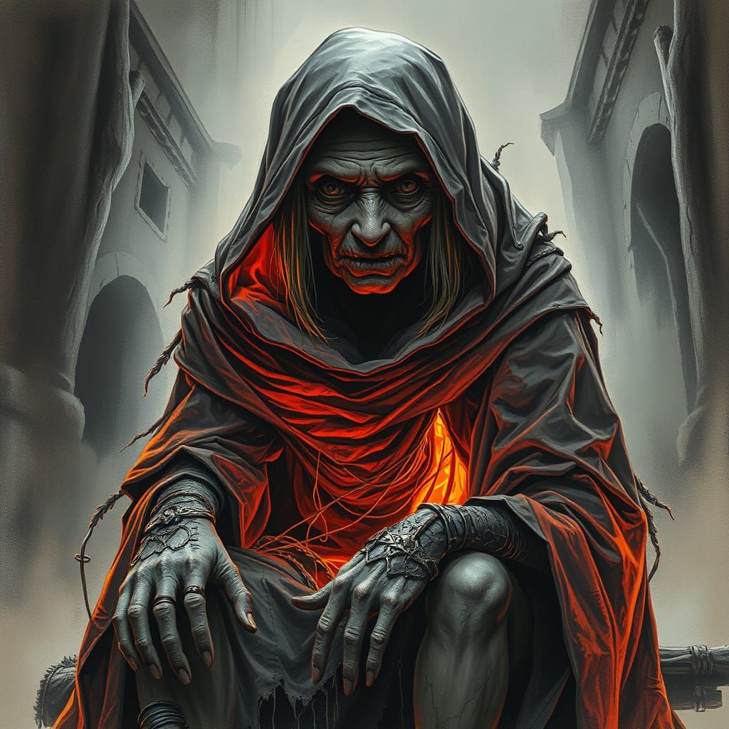 Neon Cloaked Hag in Hyperdetailed Charcoal Style