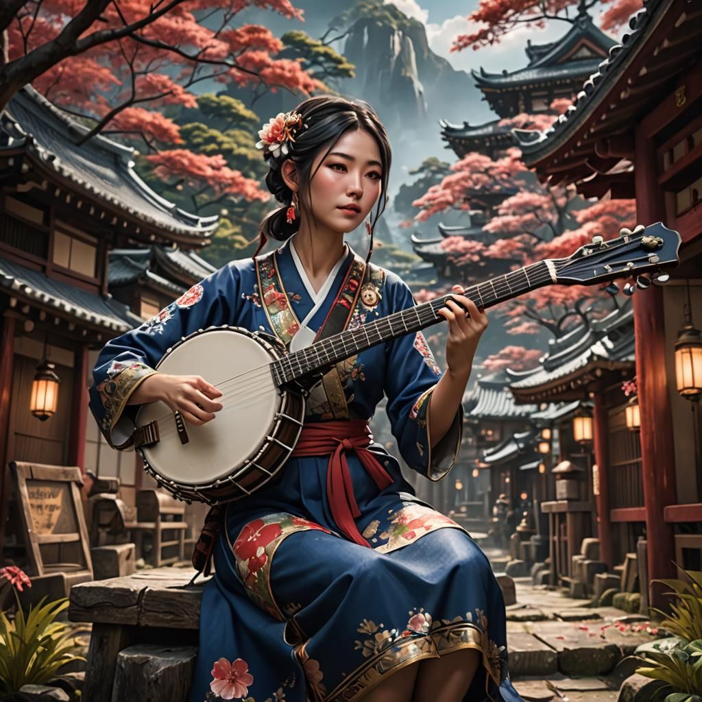Japanese Girl Plays Banjo: Detailed Matte Painting