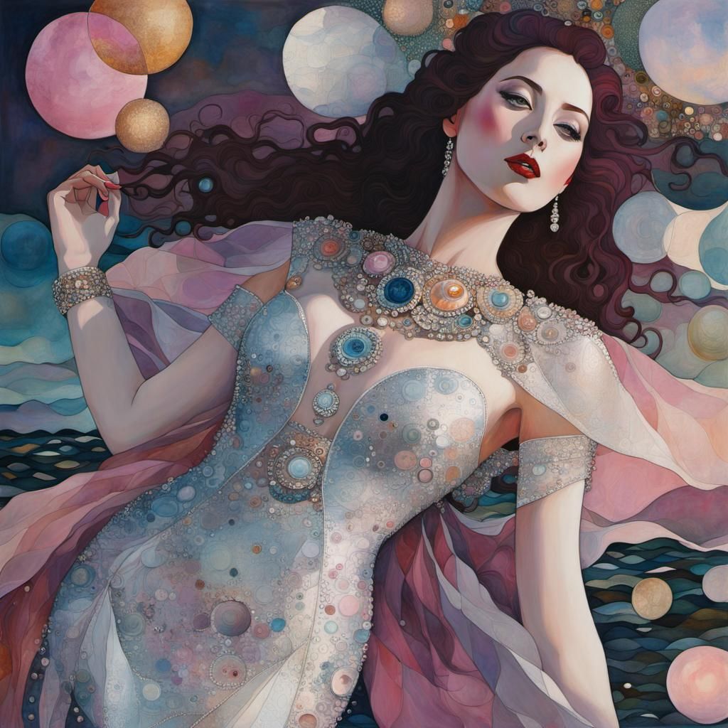Klimt-Inspired Twilight Ocean Scene with Geometric Shapes