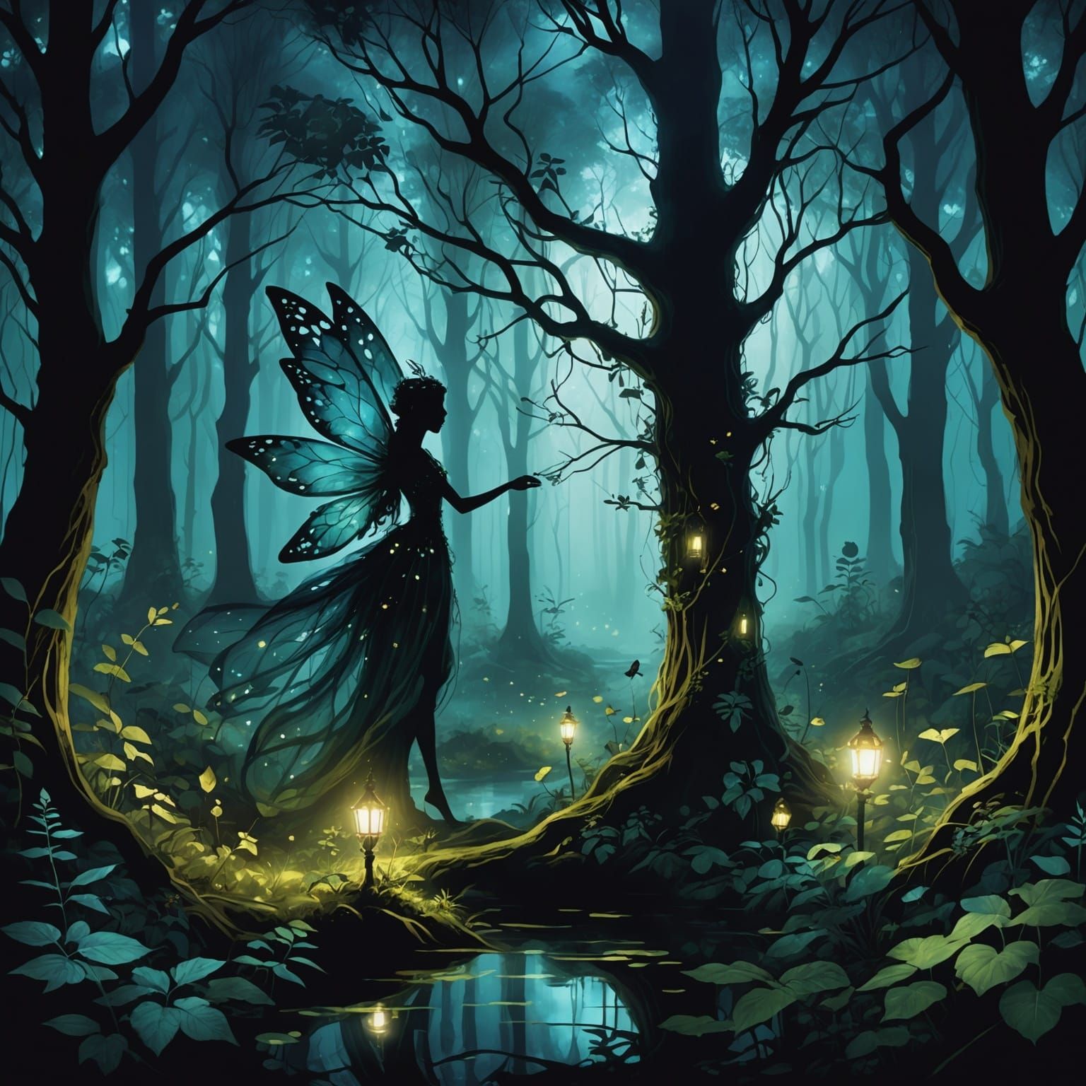 Enchanted Forest Digital Painting with Mystical Creatures