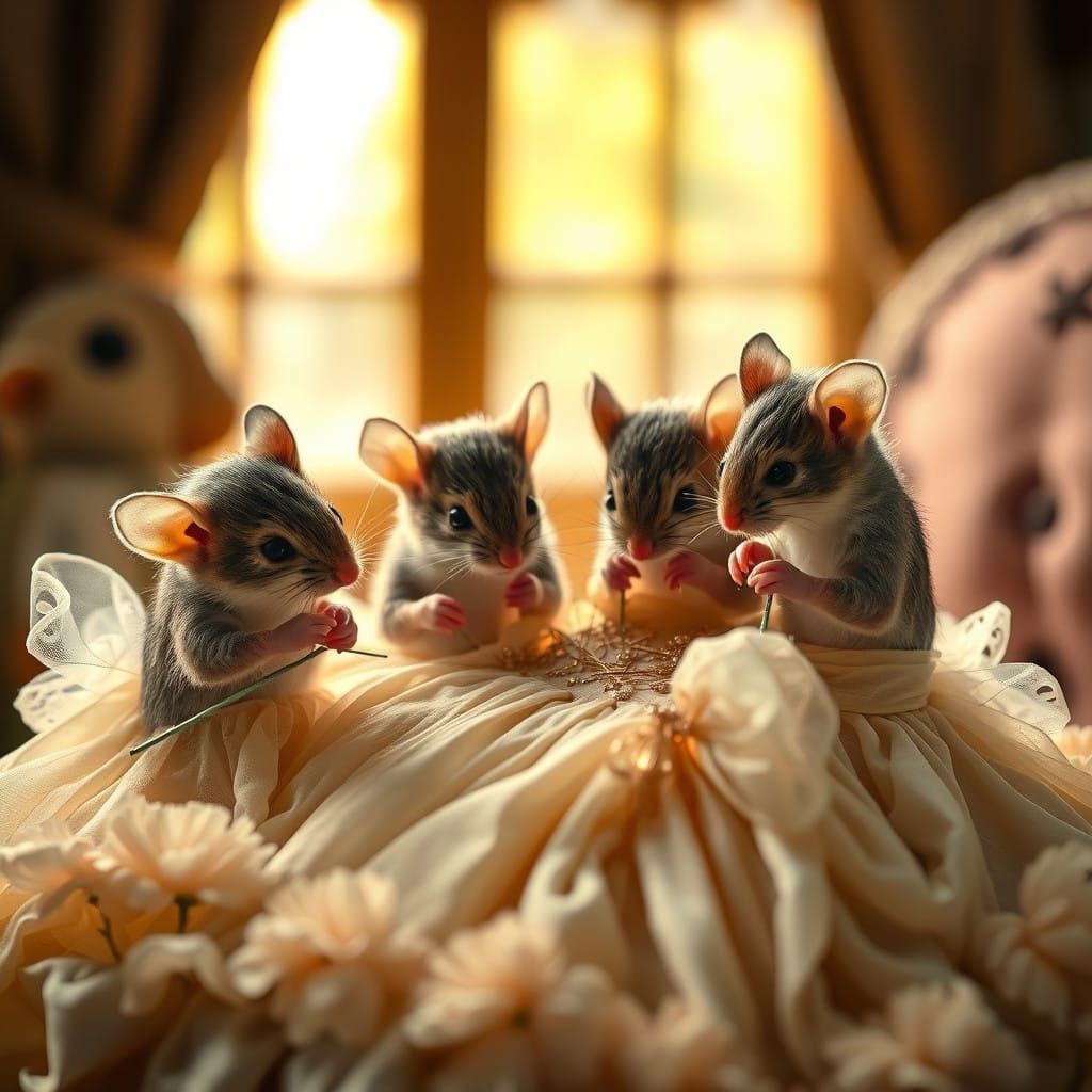 Mice in 18th Century Attire Mending Cinderella's Ball Gown