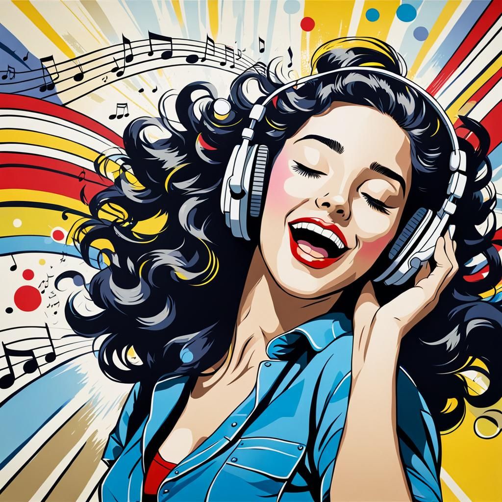 Happy Woman Listening to Music in Pop Art Style
