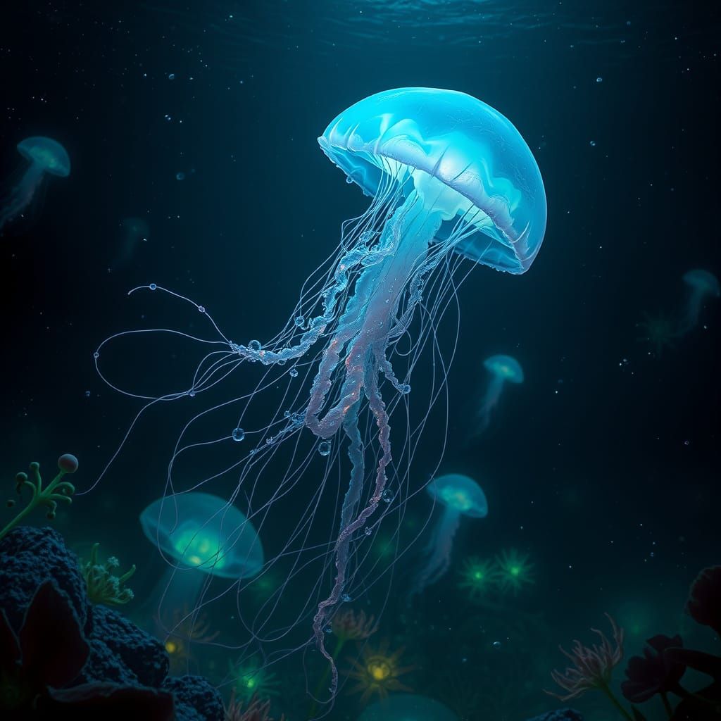 Bioluminescent Jellyfish in an Alien Ocean Landscape