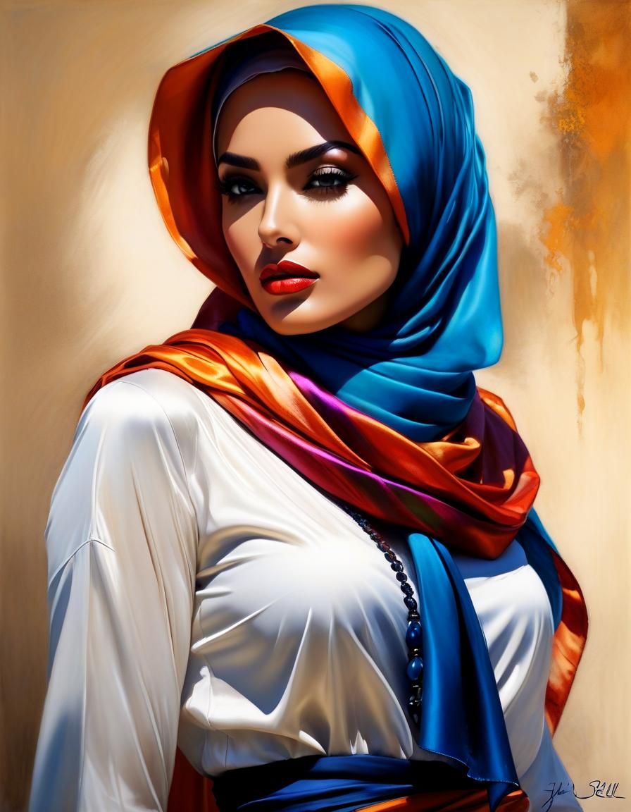 Hyperrealistic Hijab Woman Painting with Dramatic Lighting