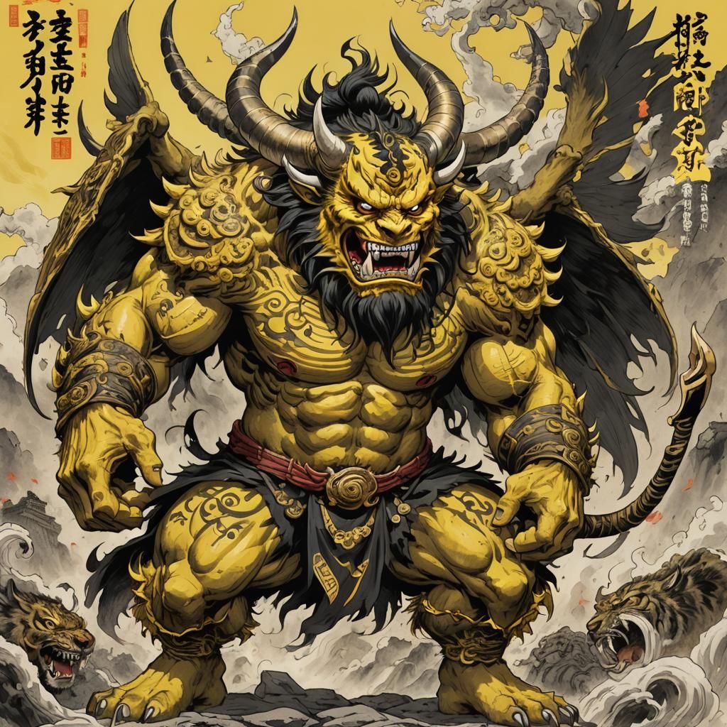 Yellow Japanese oni with shinigami wings, hulking figure wit...