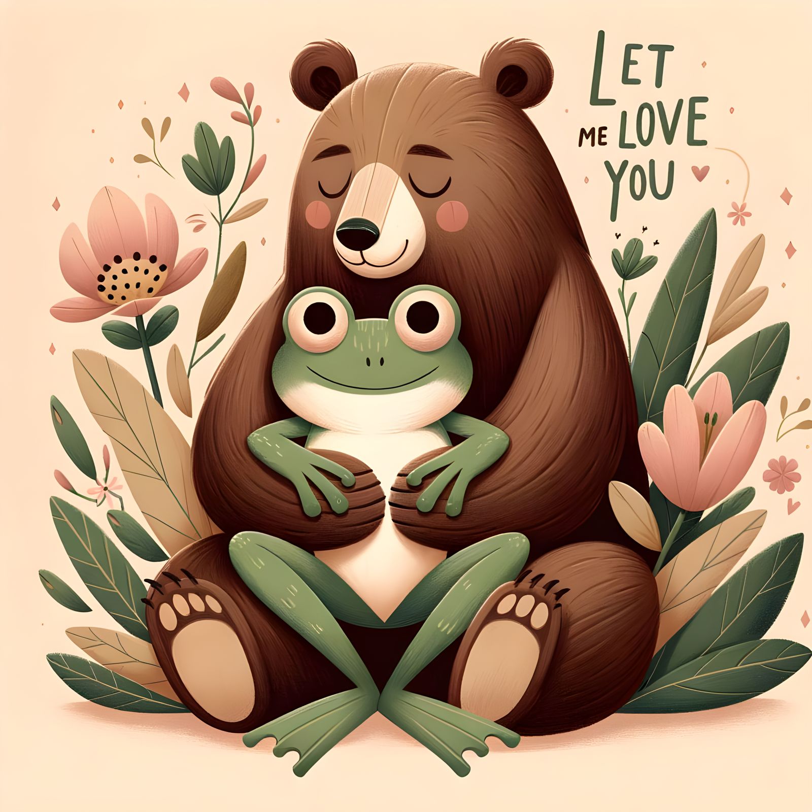 Whimsical Bear and Frog Embrace in Warm Colors