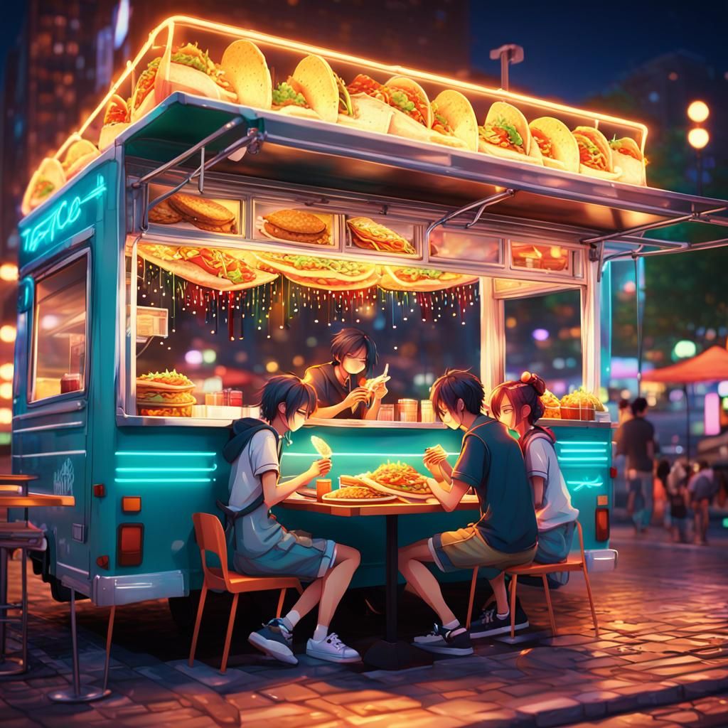 Anime Style Couple Enjoying Street Food