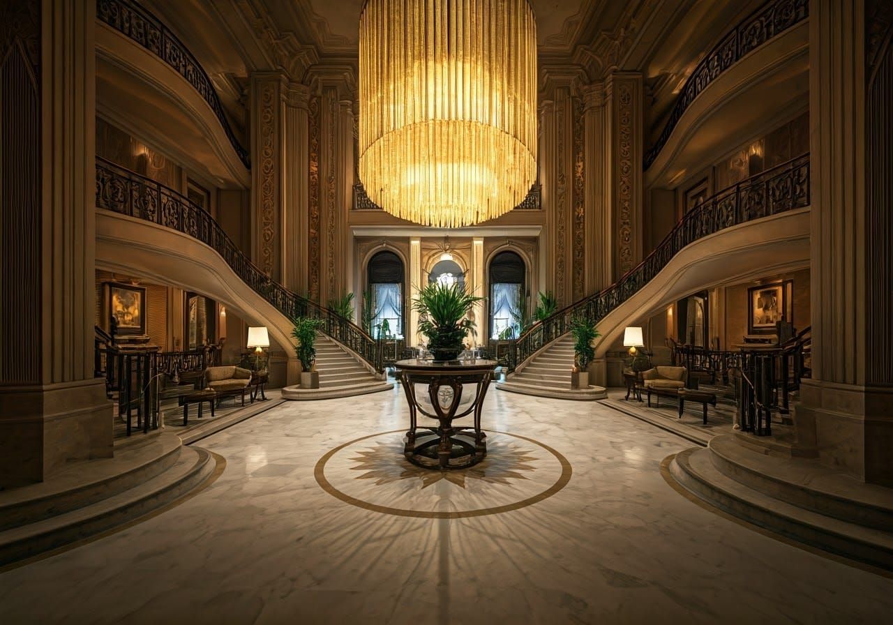 Opulent Art Deco Hotel Lobby with Marble Floors