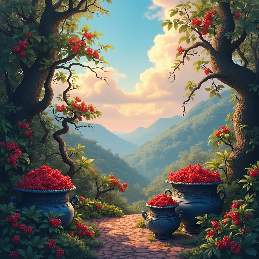 Mulberries Overflowing in Ornate Pots, Matte Painting