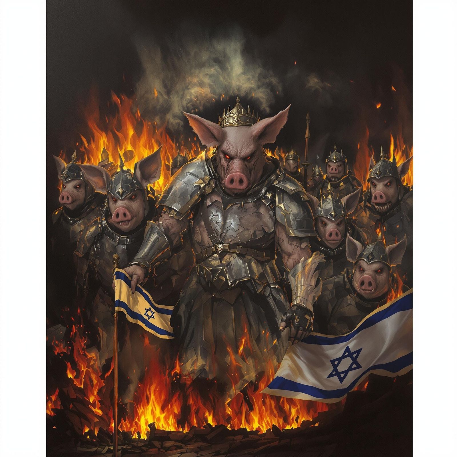 Apocalyptic Warrior Pig Scene in Dark Surrealism Style