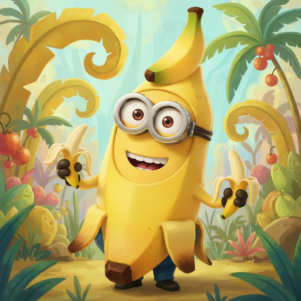 Minion Character Dressed as Banana in Vibrant Digital Art