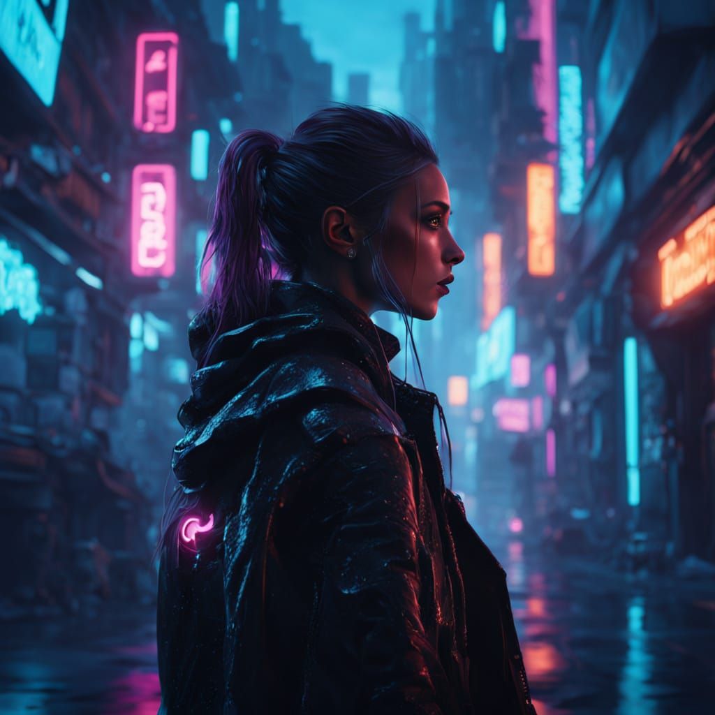 Cyberpunk Woman in Neon Alley, Sci-Fi Art