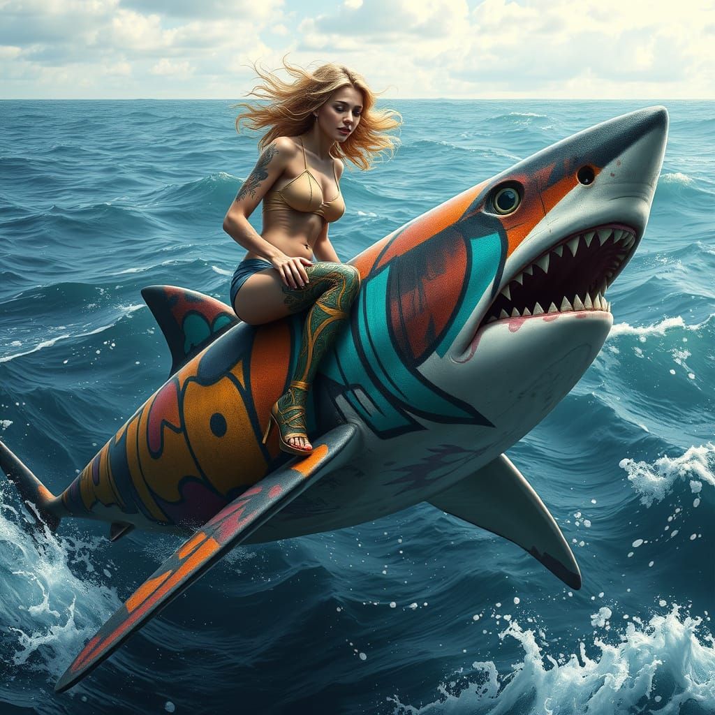 Woman Rides Graffiti Shark in Wild Ocean