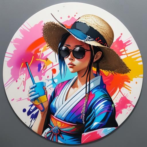 Female Samurai in Graffiti Street Art Style