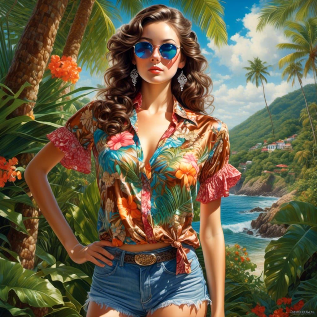 Beautiful Woman on Tropical Island in Hyperrealistic Style