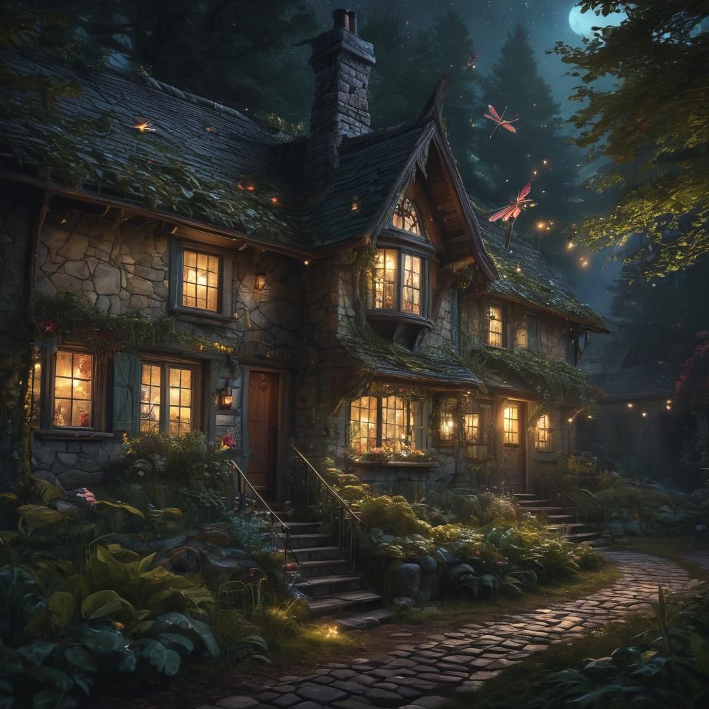 Enchanted Forest Dragon Above Cozy Cottage
