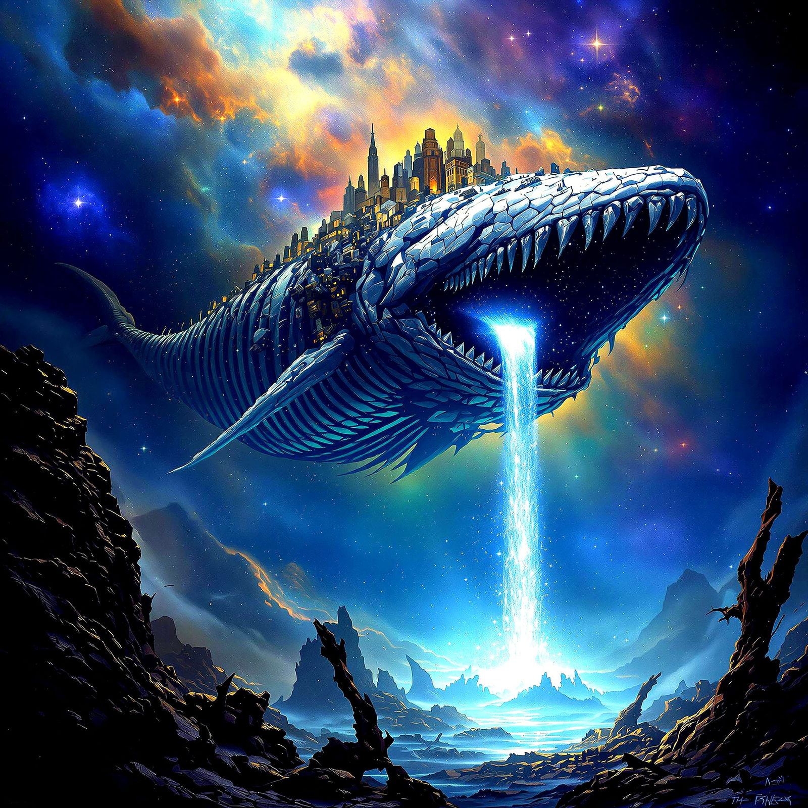 Skeletal Whale in Nebula with Cosmic Starlight Waterfall