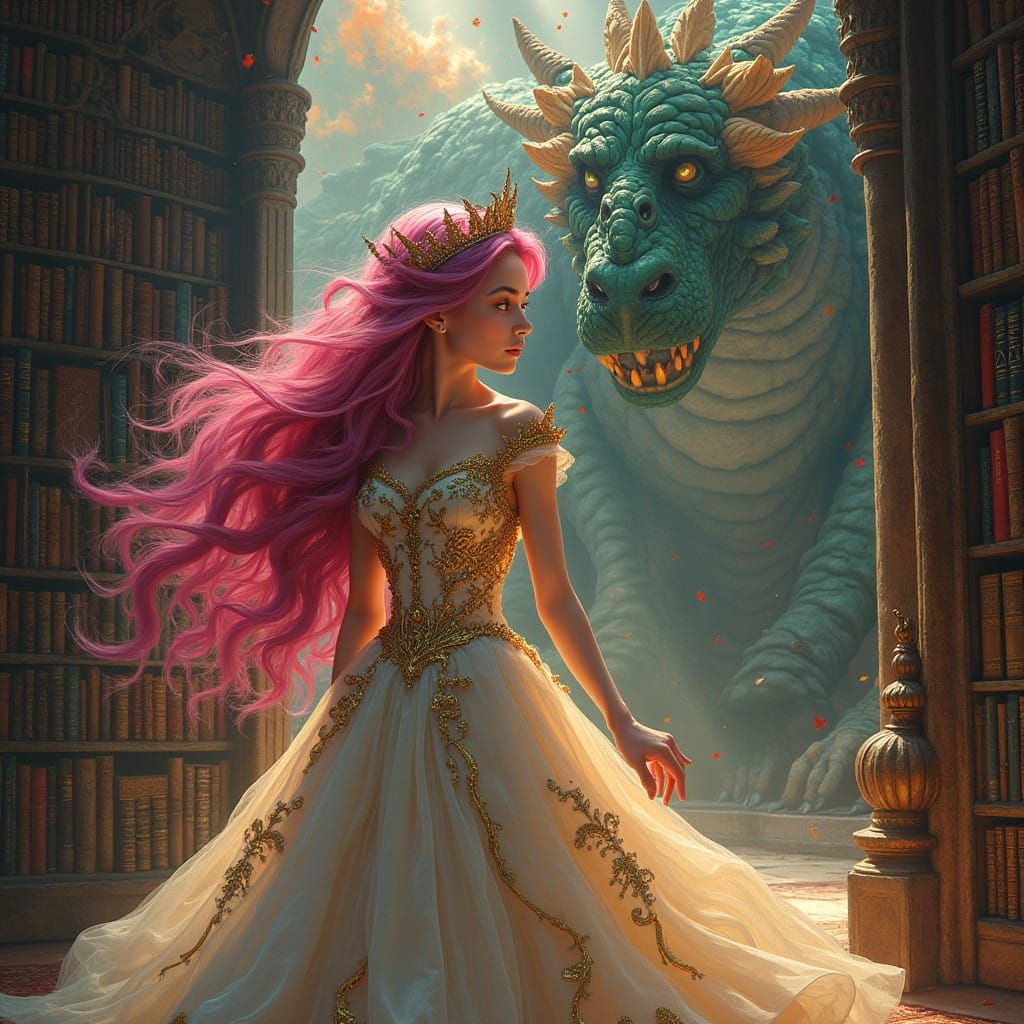 Pink Haired Princess Confronts Majestic Dragon in Enchanted...