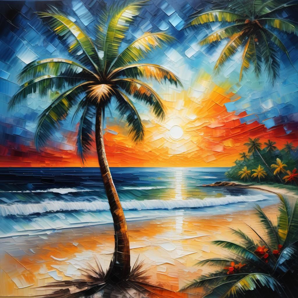 Tropical Beach Sunrise: Impasto Acrylic Painting